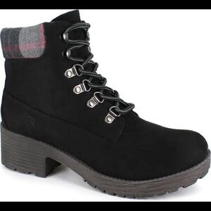 Rock & Candy size 7 plaid cuff lug sole black combat boots faux suede